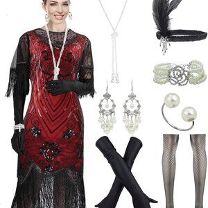 Women Flapper Sequin Dress 1920s Costume with Accessories Vintage Gatsby